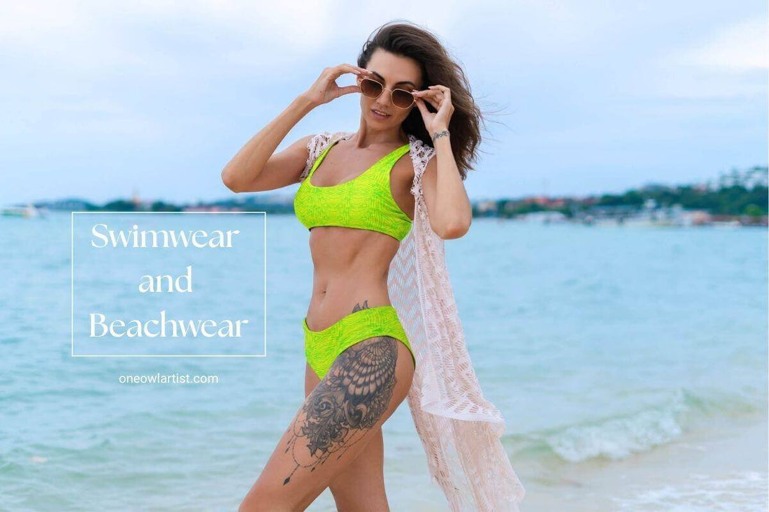 Woman wearing a one owl artist designed lime green two piece swimsuit with sunglasses on a beach