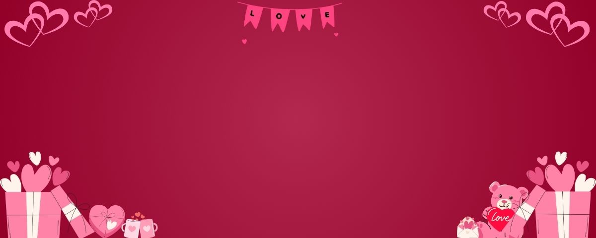 Valentine's Day-themed sale banner with hearts, gift boxes, and a teddy bear on a red background.