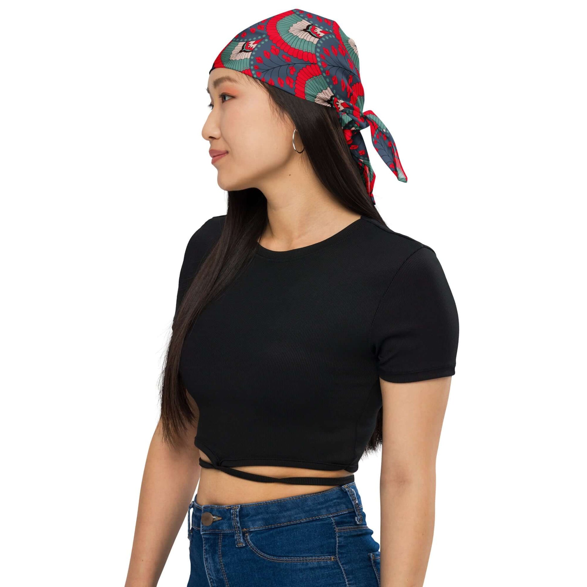 scallop pattern red navy bandana scarf women