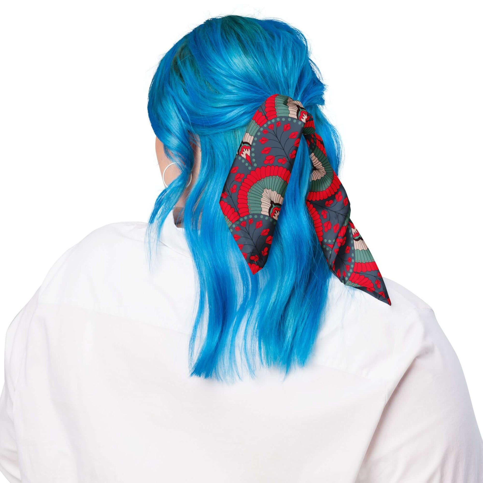 women's scallop pattern red navy bandana scarf on hair