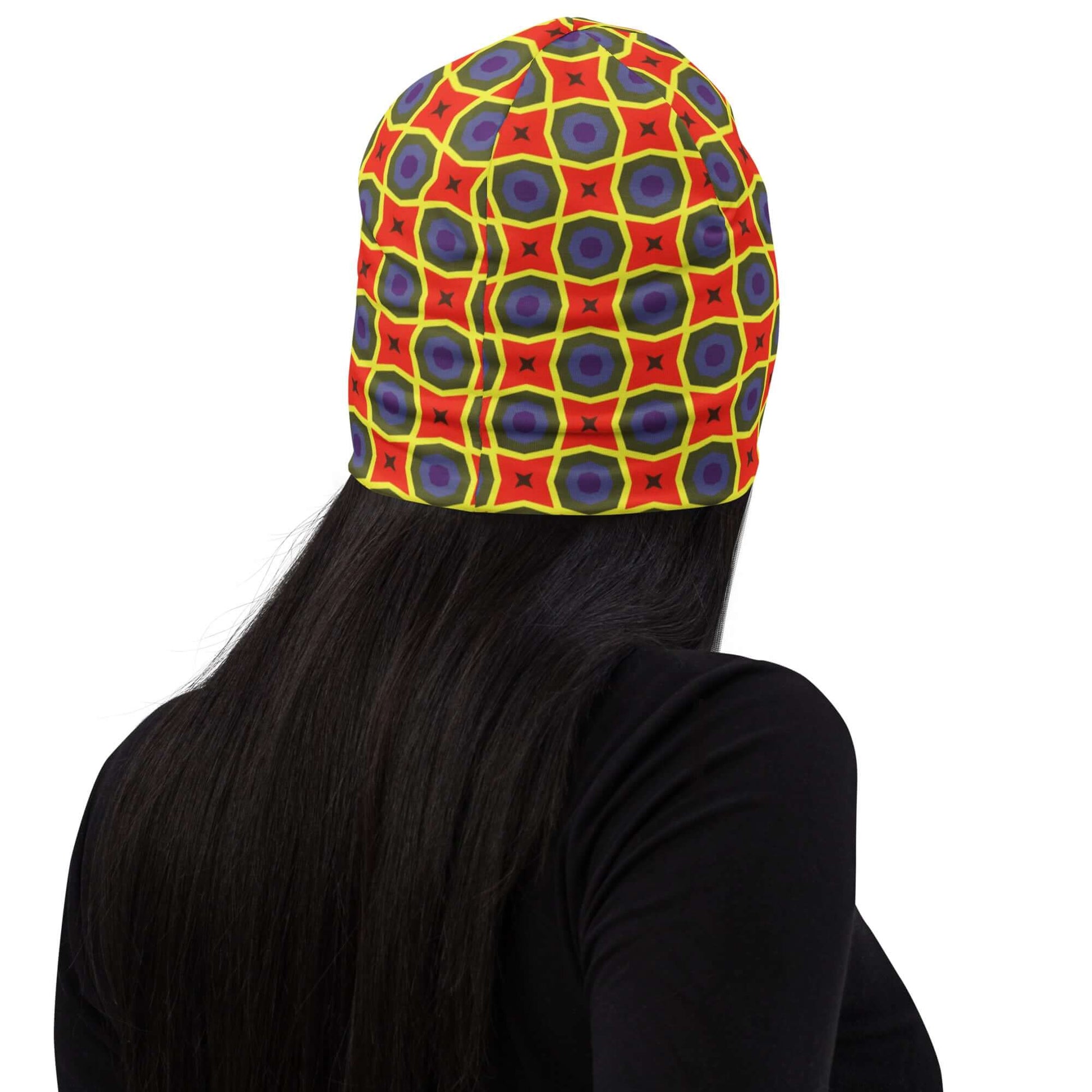 cuffless orange pattern beanie for women