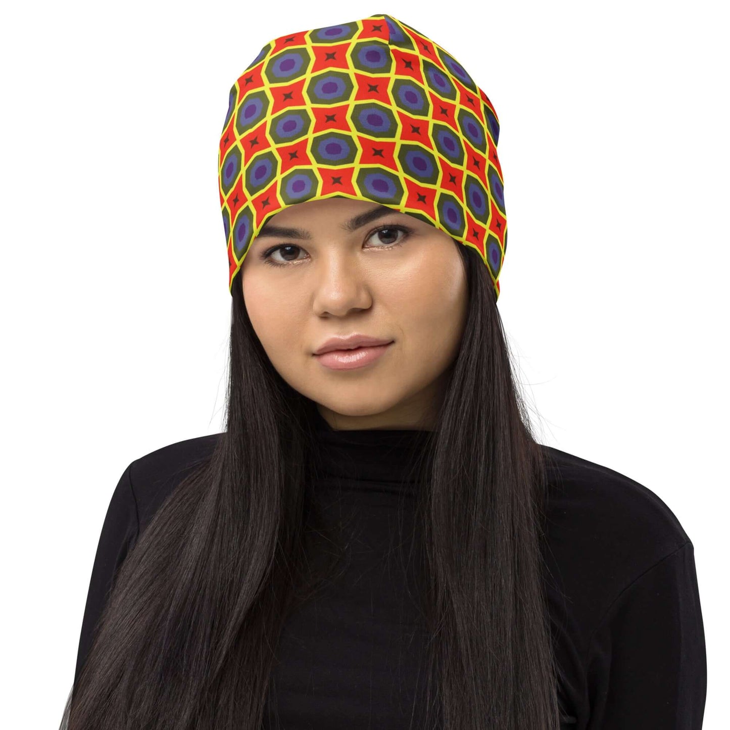 all over print orange blue pattern beanie