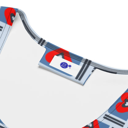 Close-up of a colorful blue bodycon dress with a brand logo on a white background