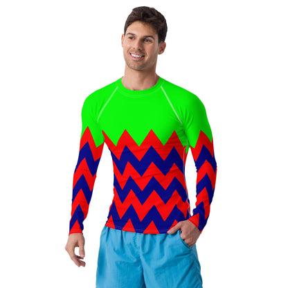 Rash Guards for Men with Red and Blue Geometric Pattern Designed by One Owl Artist