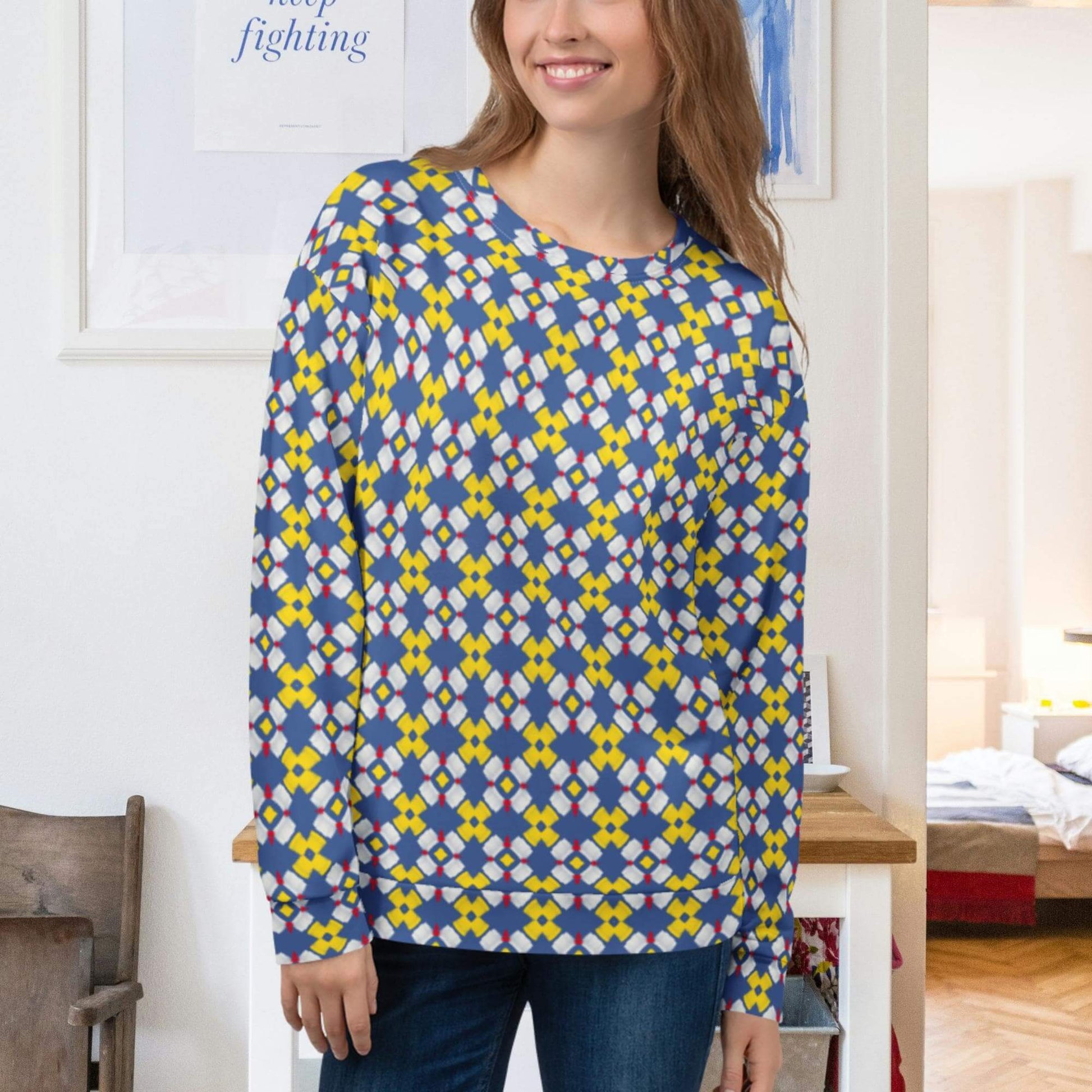 Blue and yellow sweatshirt women's