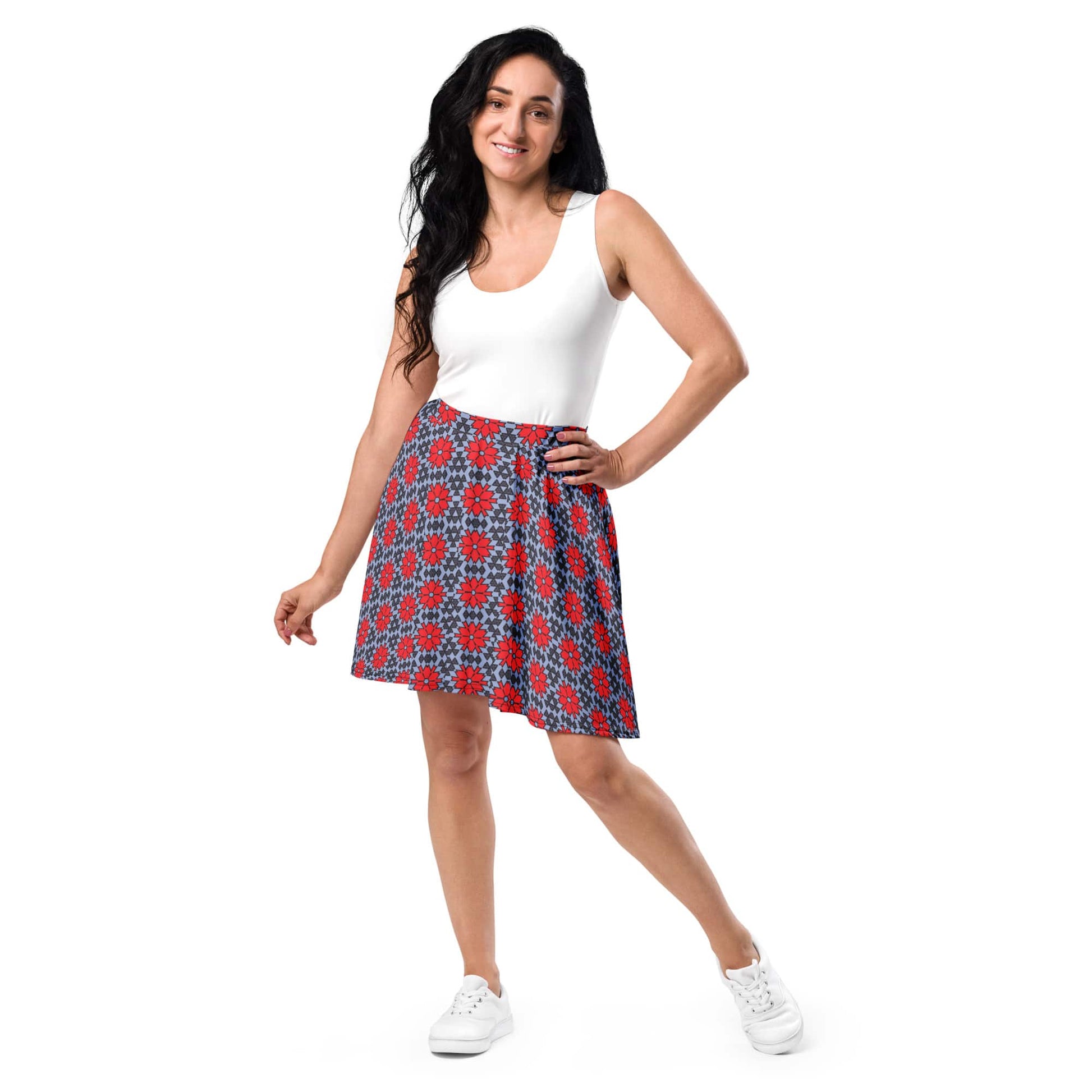 women's red floral skater skirt