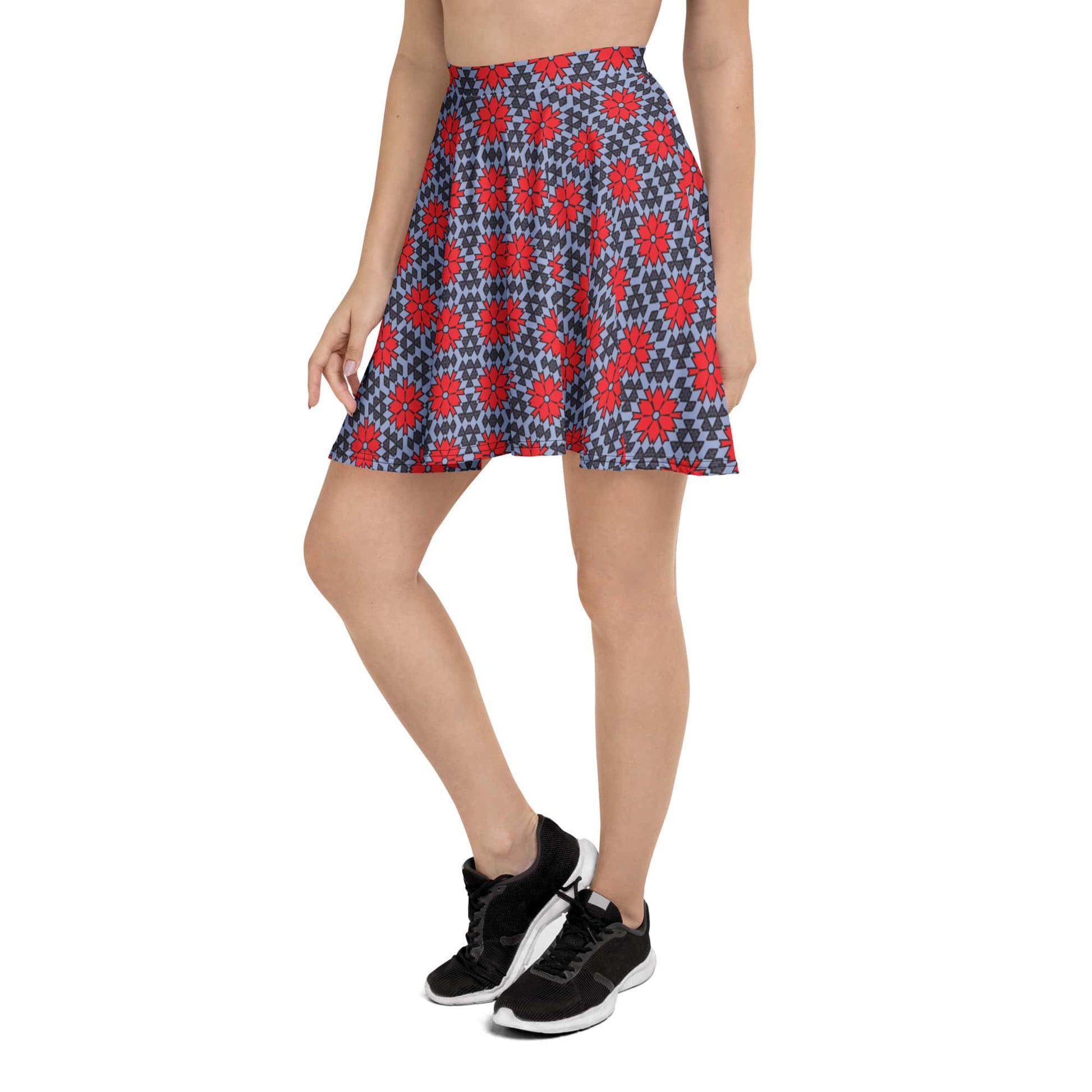 women's red floral print dusty blue skater skirt