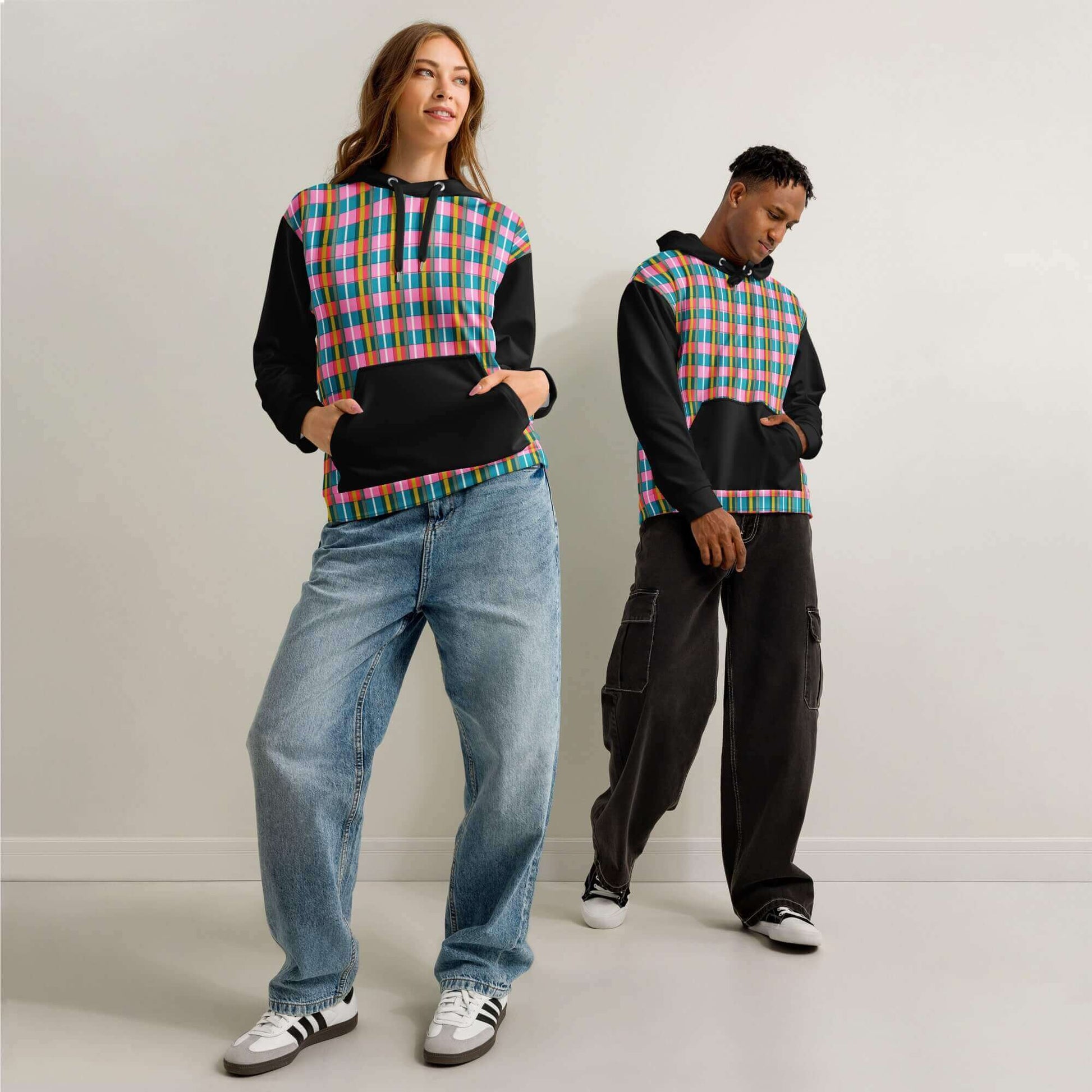 black sleeve cotton plaid hoodie