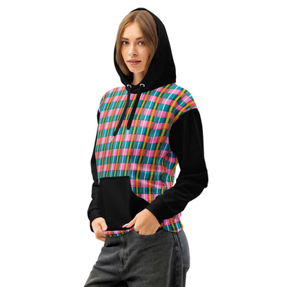women's black sleeve cotton plaid hoodie