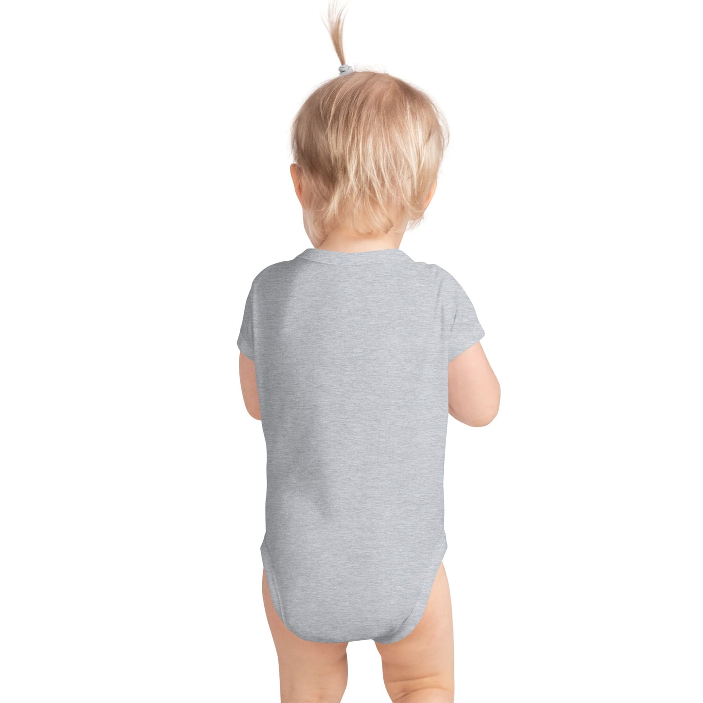 Child wearing a gray baby bodysuit 