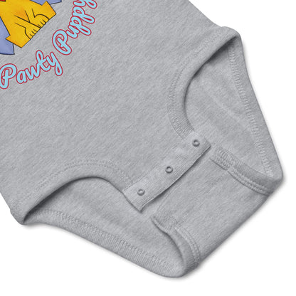 puppy graphic gray heather baby bodysuit with three snap closure