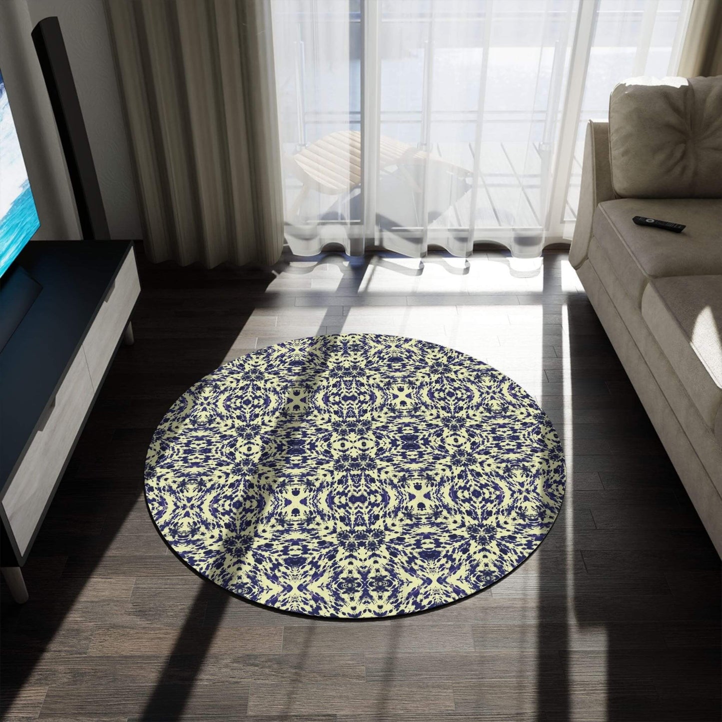 Rug for lounge room with abstract blue pattern by one owl artist