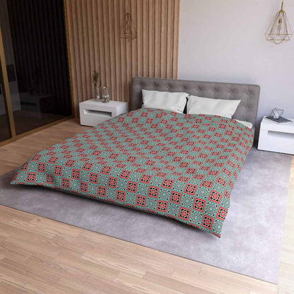 Bed with patterned queen size duvet cover in a modern bedroom setting