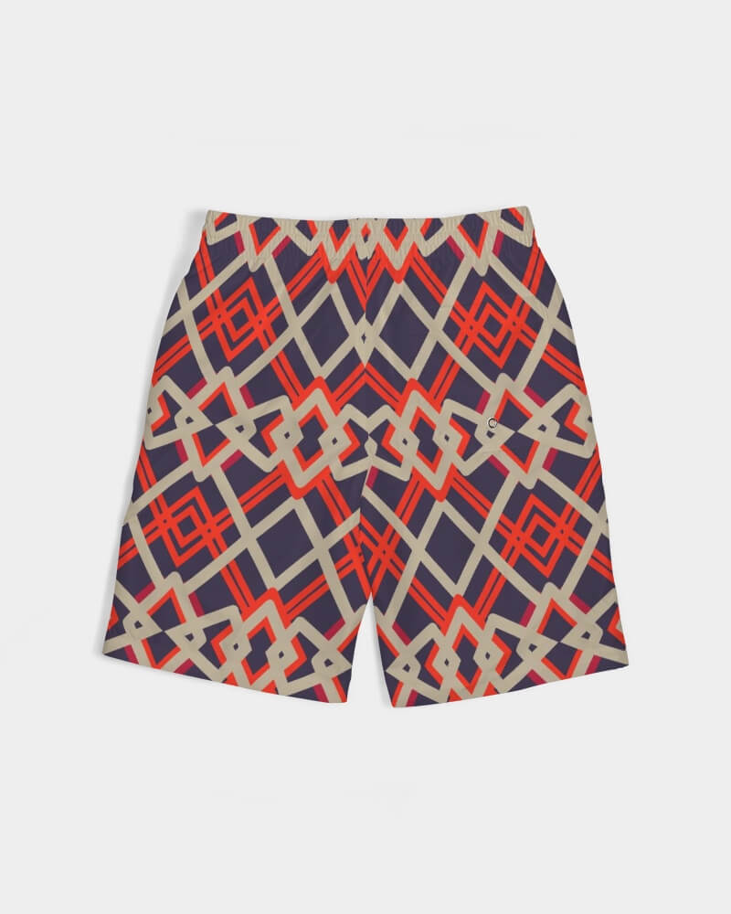 Boys Swim Trunks with Dark Blue Base and Multicolor Patterns