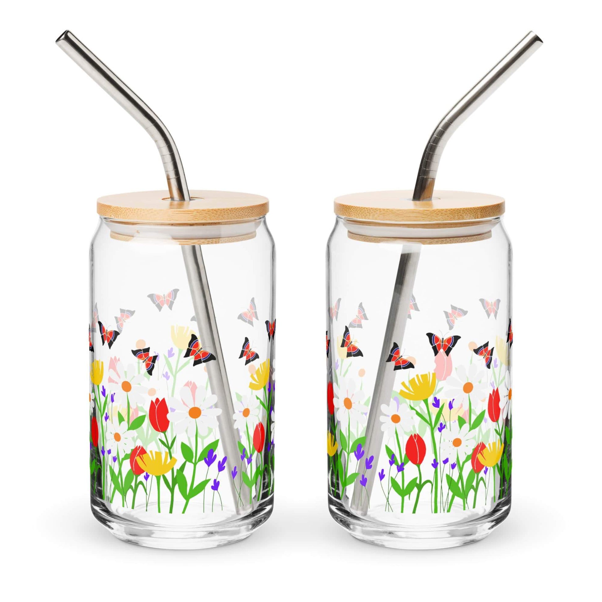 can shaped glass with bamboo lid and stainless steel straw