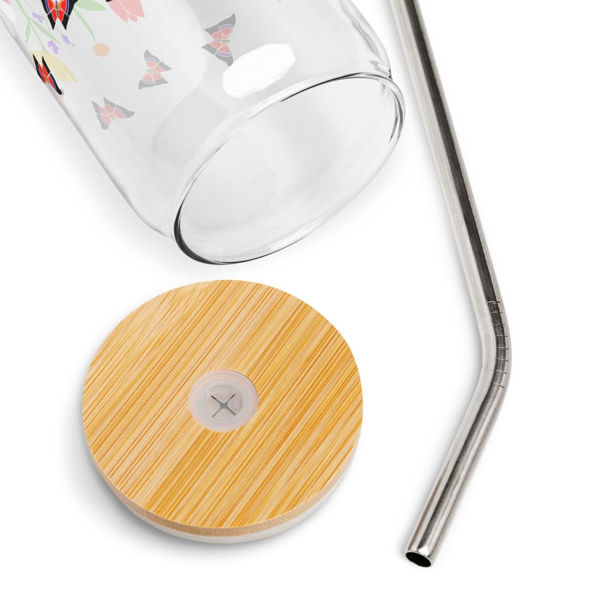 can shaped glass with bamboo lid and stainless steel straw