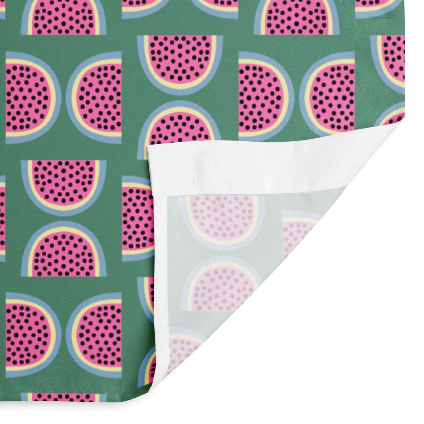 pink watermelon print green shower curtain close up