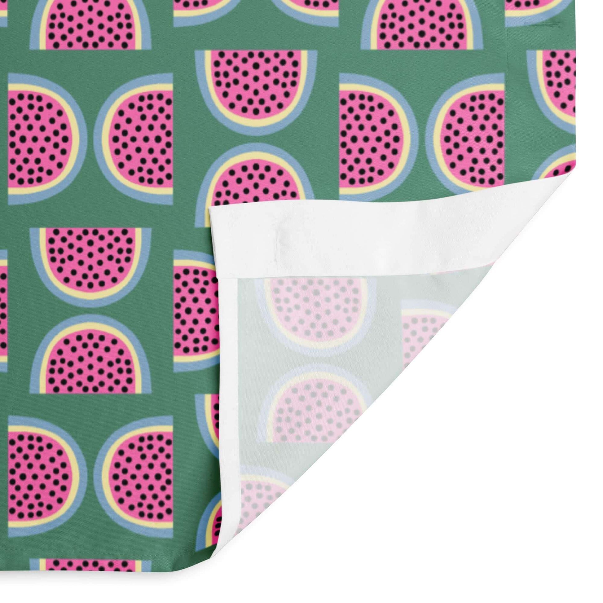 pink watermelon print green shower curtain close up