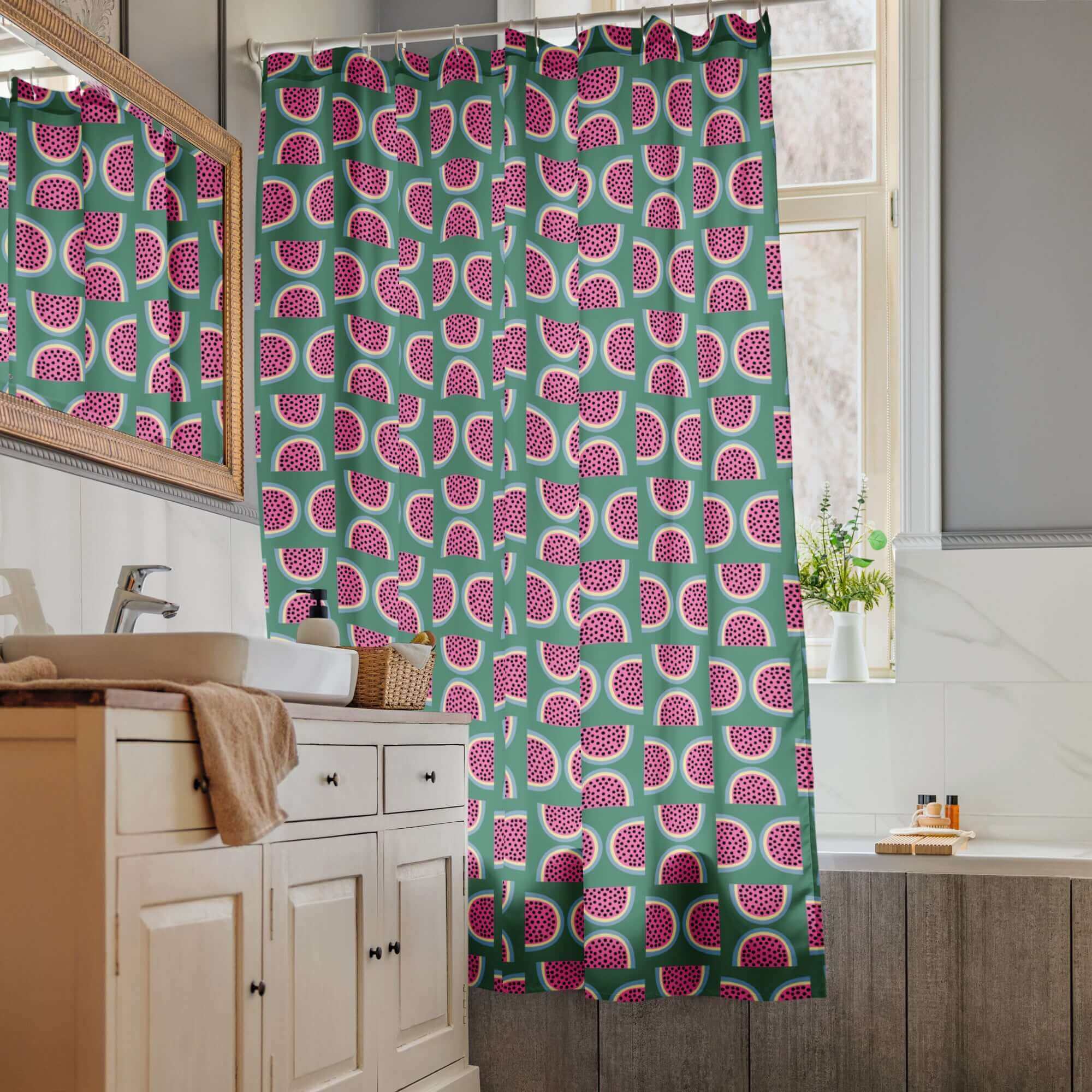 Bathroom with a green shower curtain featuring pink watermelon patterns.