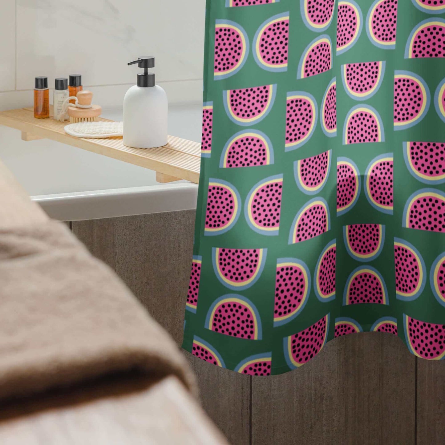 one owl artist watermelon print pine green shower curtain