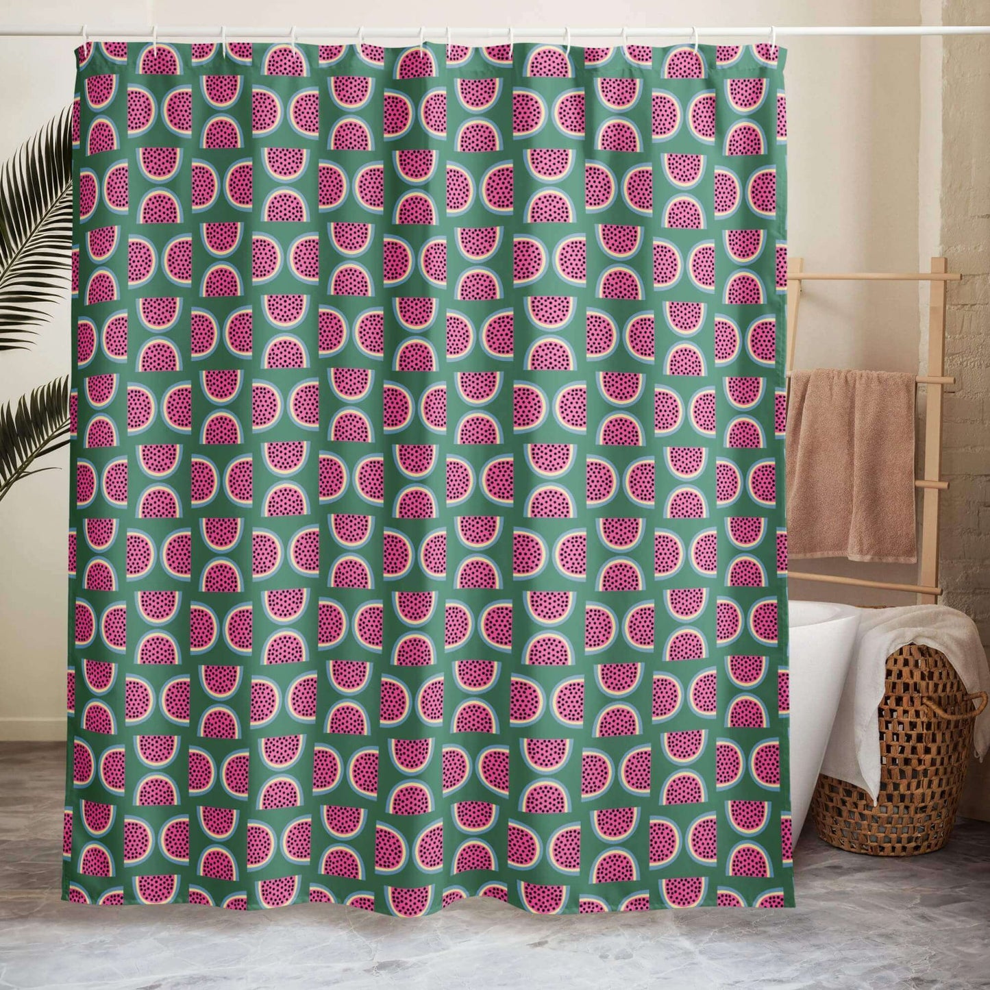 pine green shower curtain with pink watermelon print
