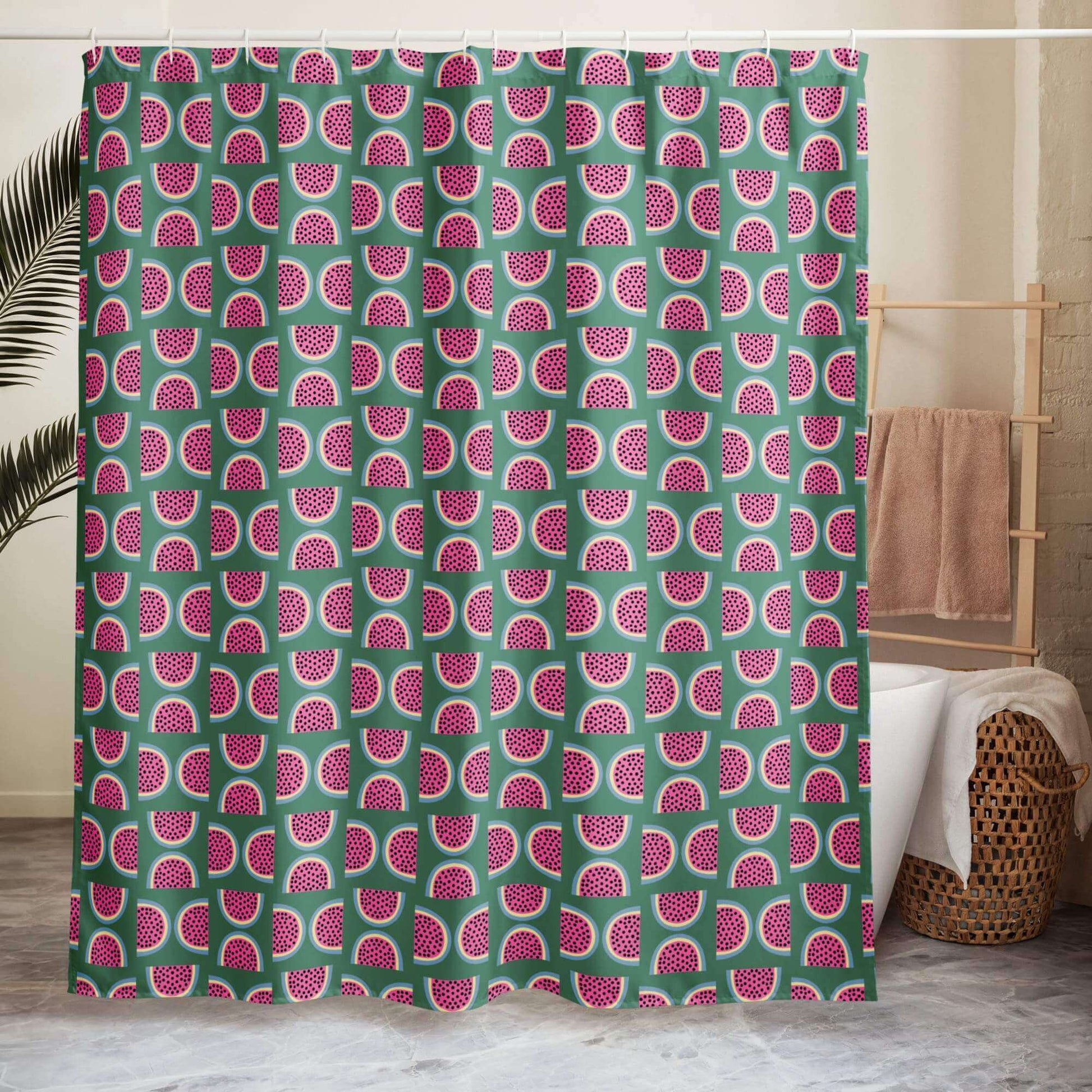 pine green shower curtain with pink watermelon print