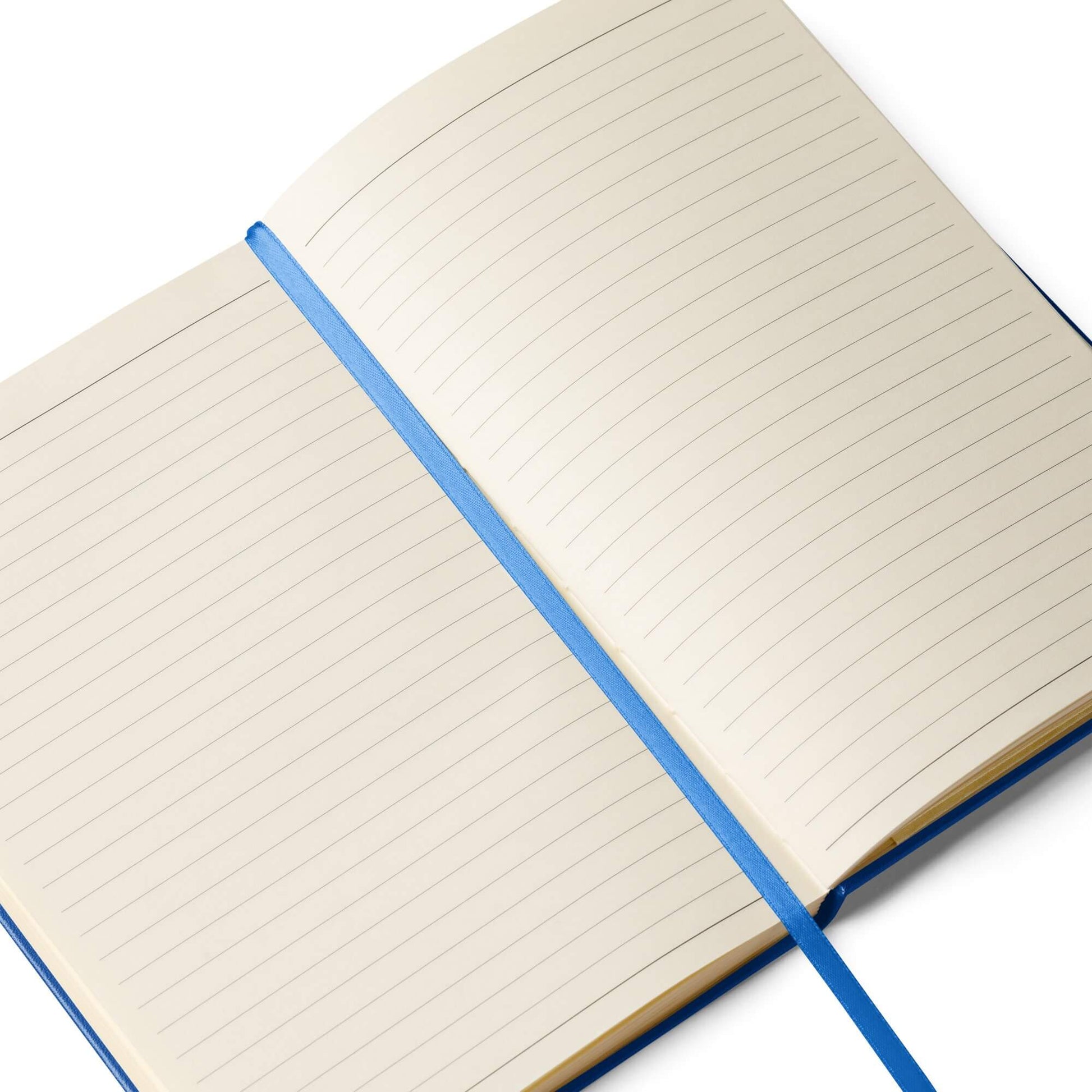 Open hardcover bound notebook with blue binding