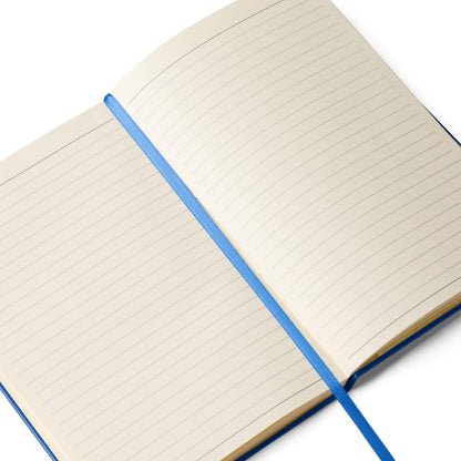 Open hardcover bound notebook with blue binding