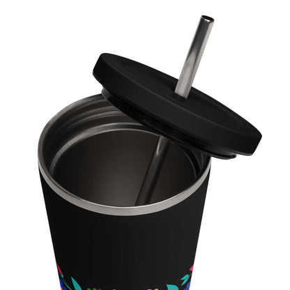 black stainless tumbler with straw