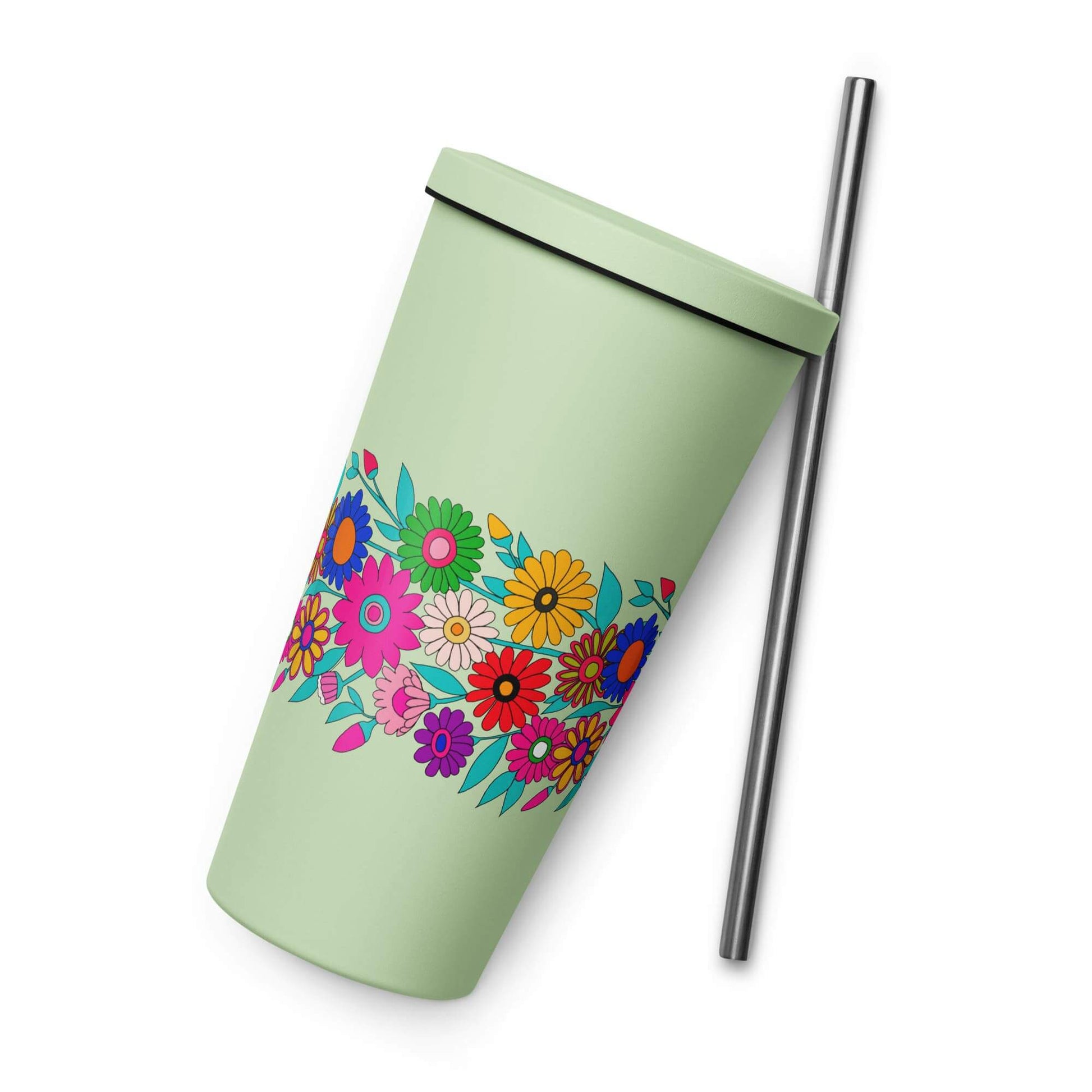 floral stainless steel insulated tumbler with a straw