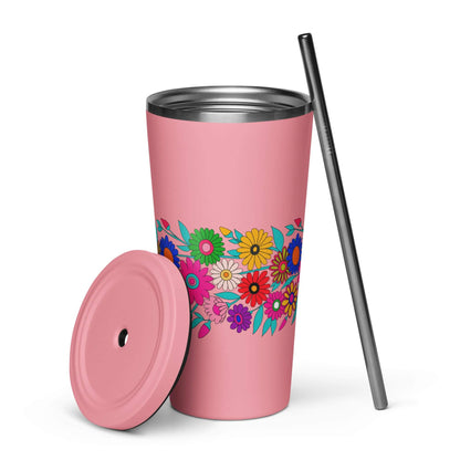 Pink insulated tumbler with straw