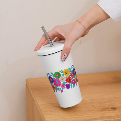 White insulated tumbler with a stainless steel straw