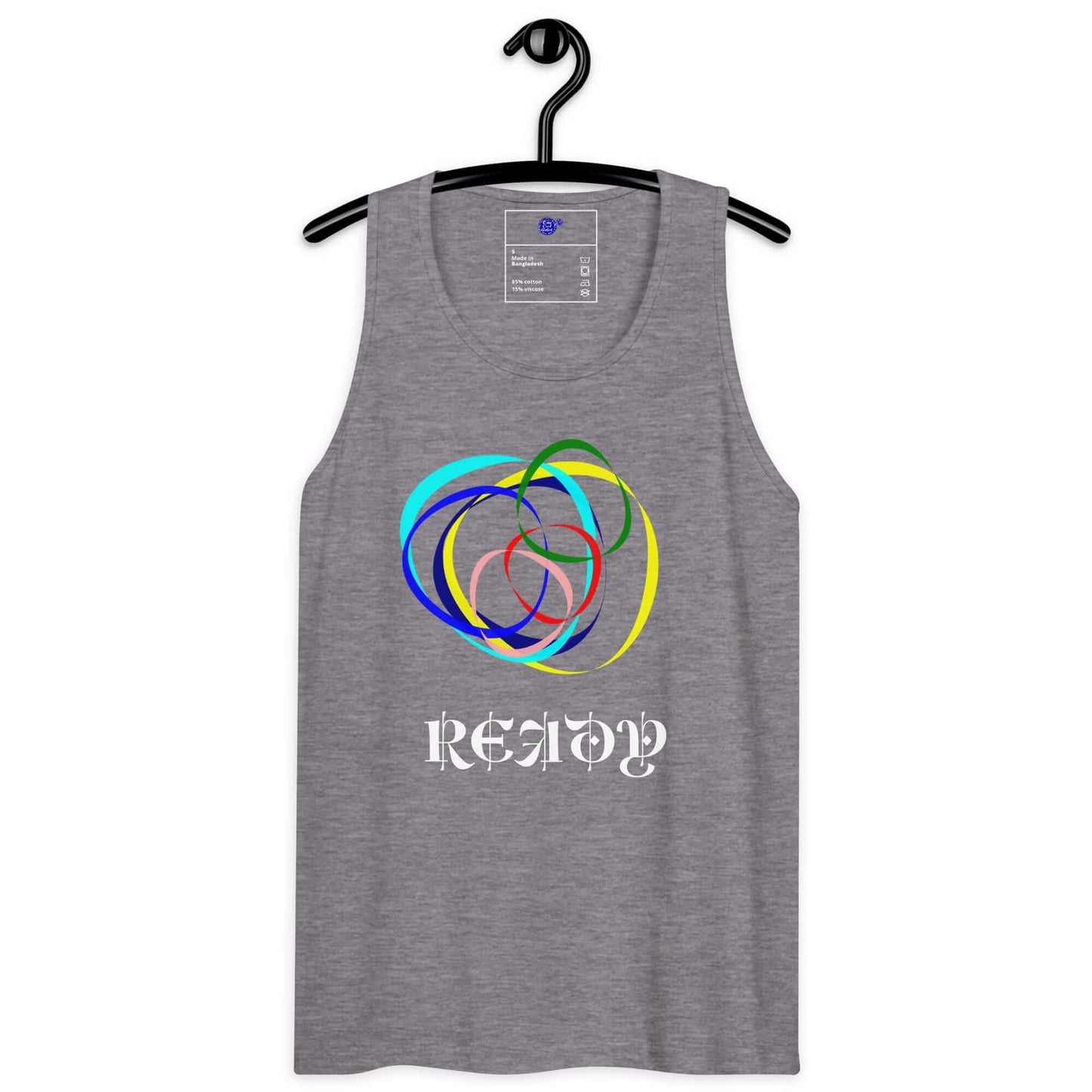 Gray tank top with colorful design and 'READY' text on a hanger against a white background