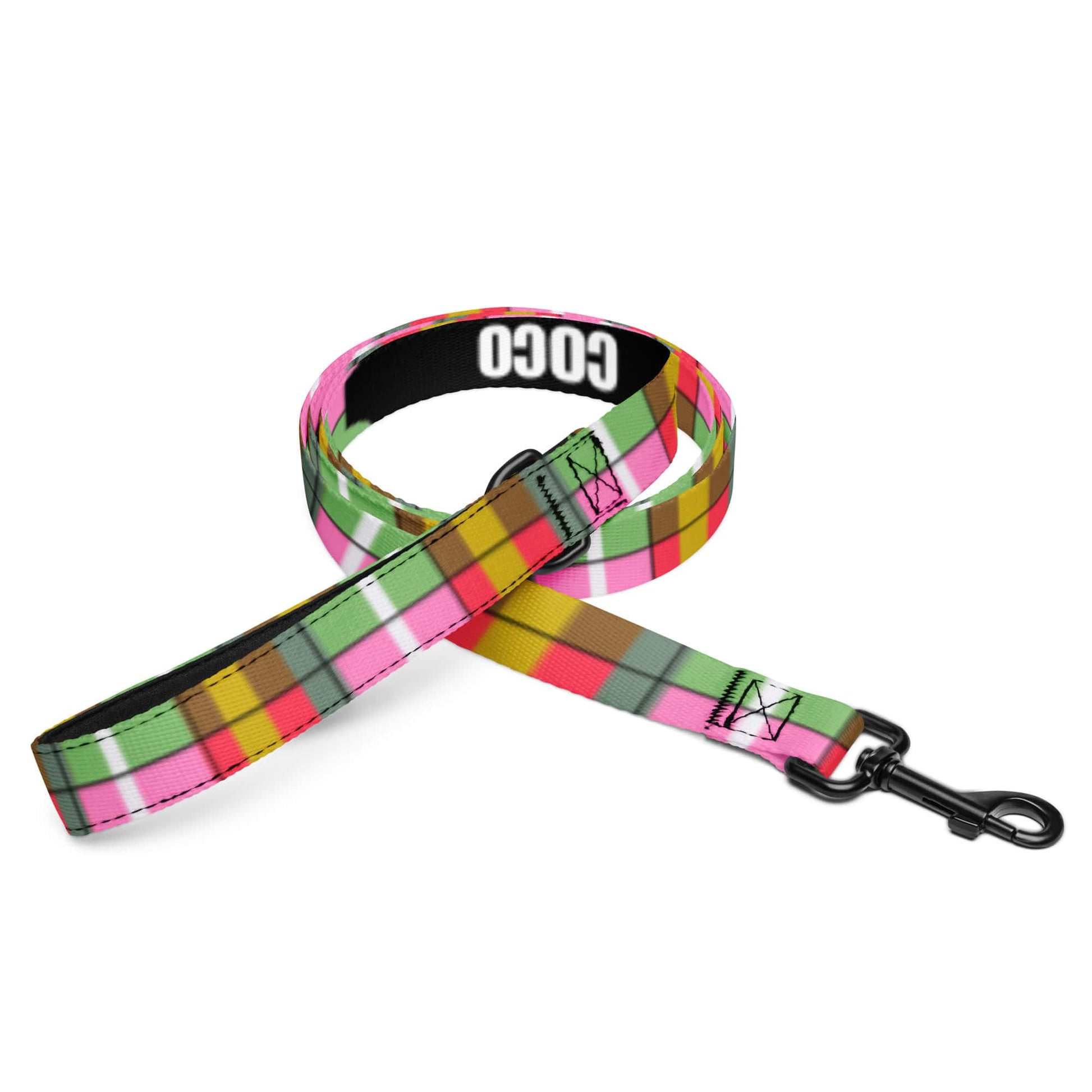 Colorful plaid dog leash with a personalized name 