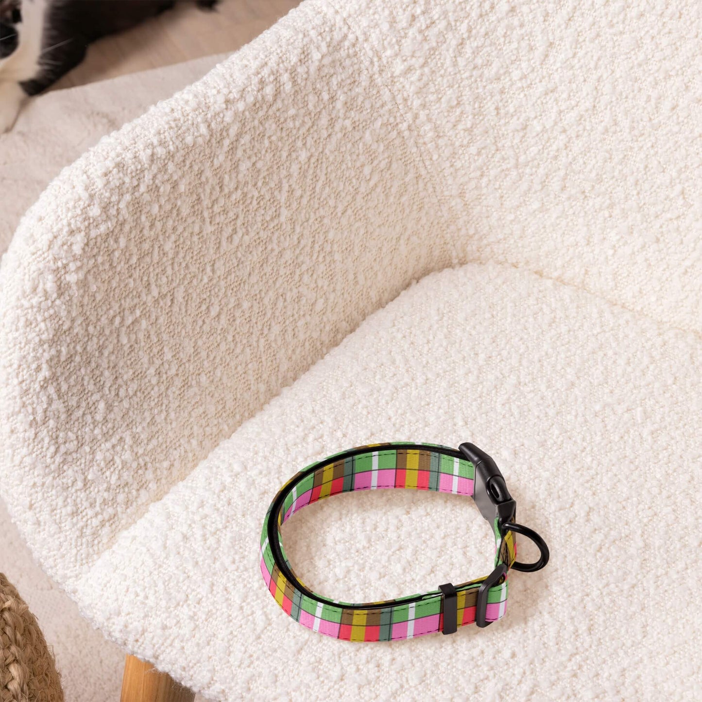 Cute plaid dog collars on a white cushion
