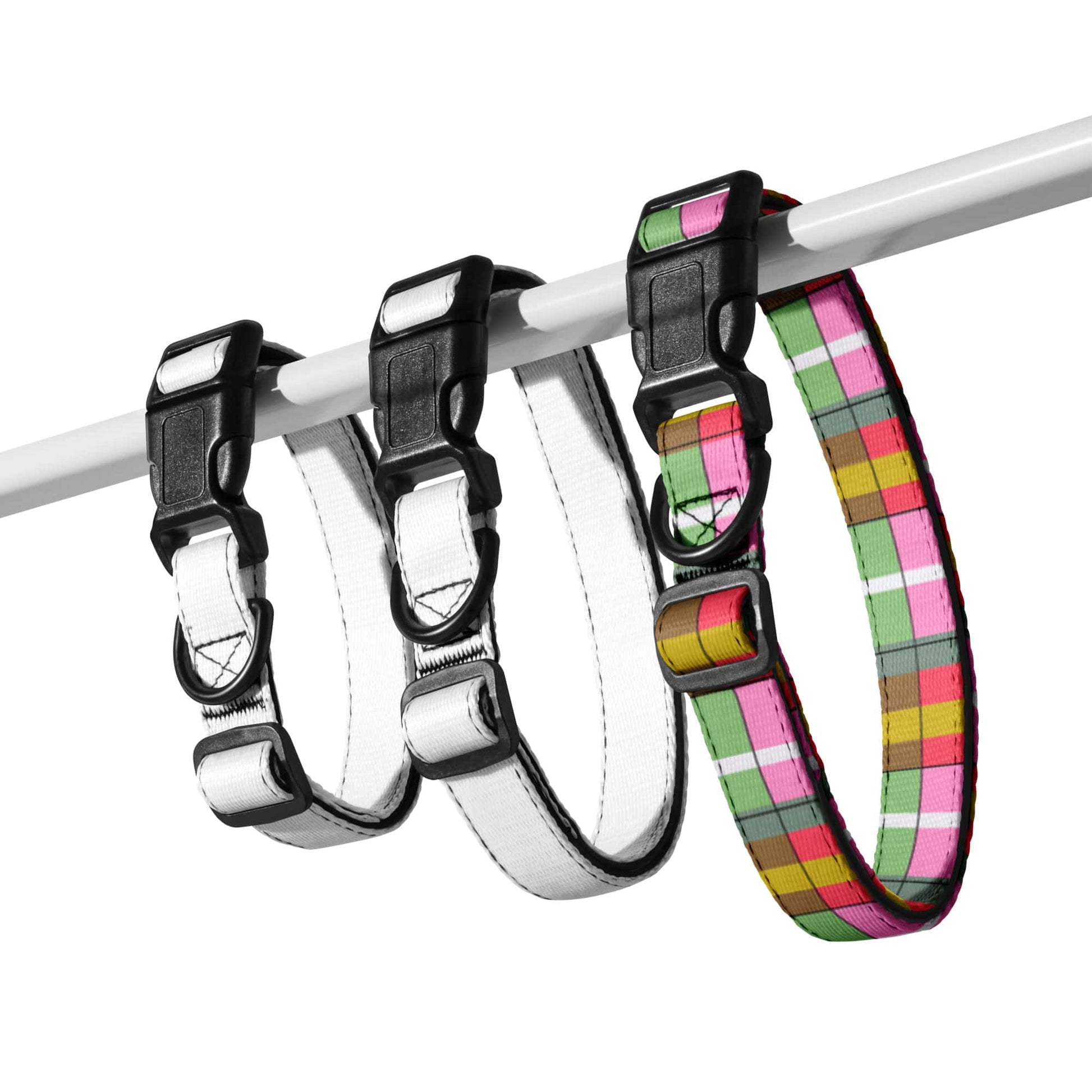 Set of custom plaid dog collars with colorful plaid patterns
