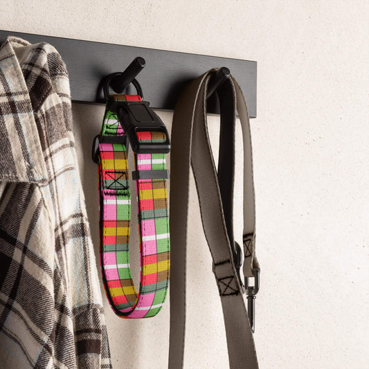 Colorful plaid dog collar and gray strap hanging on a wall hook with a checkered shirt.