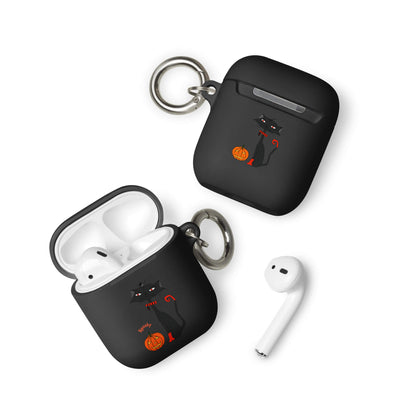 Black AirPod case with Halloween design featuring a cat and pumpkin, on a white background.