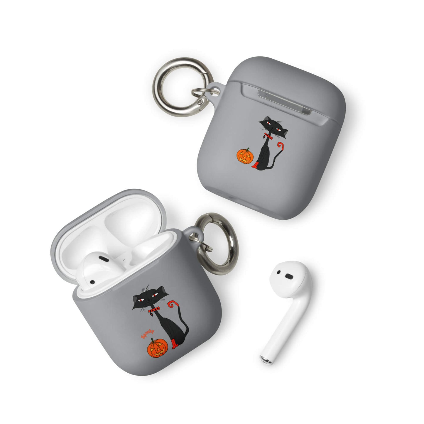 Gray AirPods case with Halloween design featuring a black cat and pumpkin, on a white background.