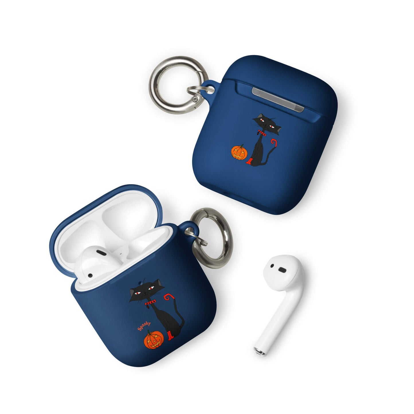 Navy blue rubber AirPods case with black halloween cat design printed on it
