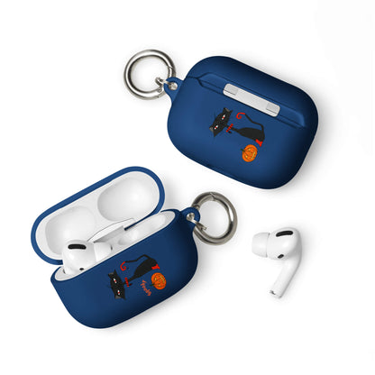 Navy blue rubber AirPods Pro case with black halloween cat art printed on it