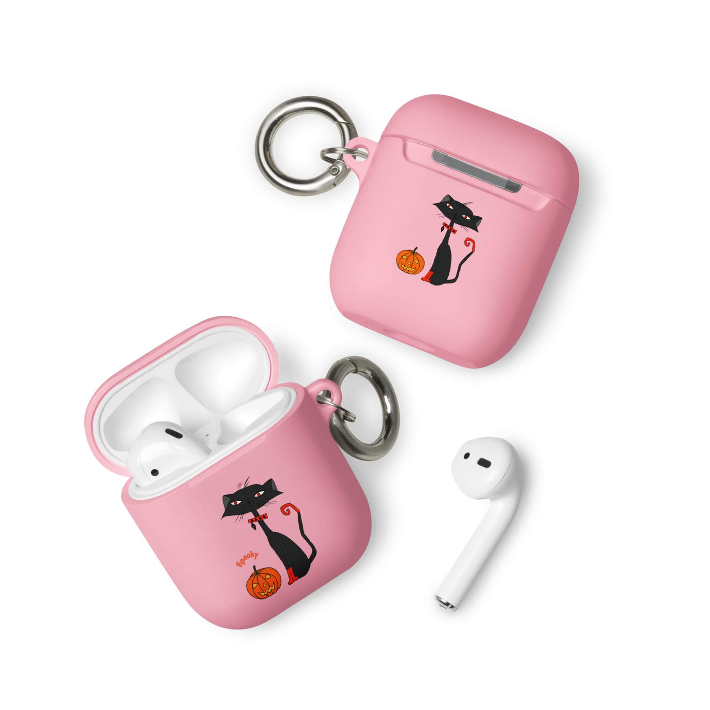 Pink AirPod case with black cat design on a white background