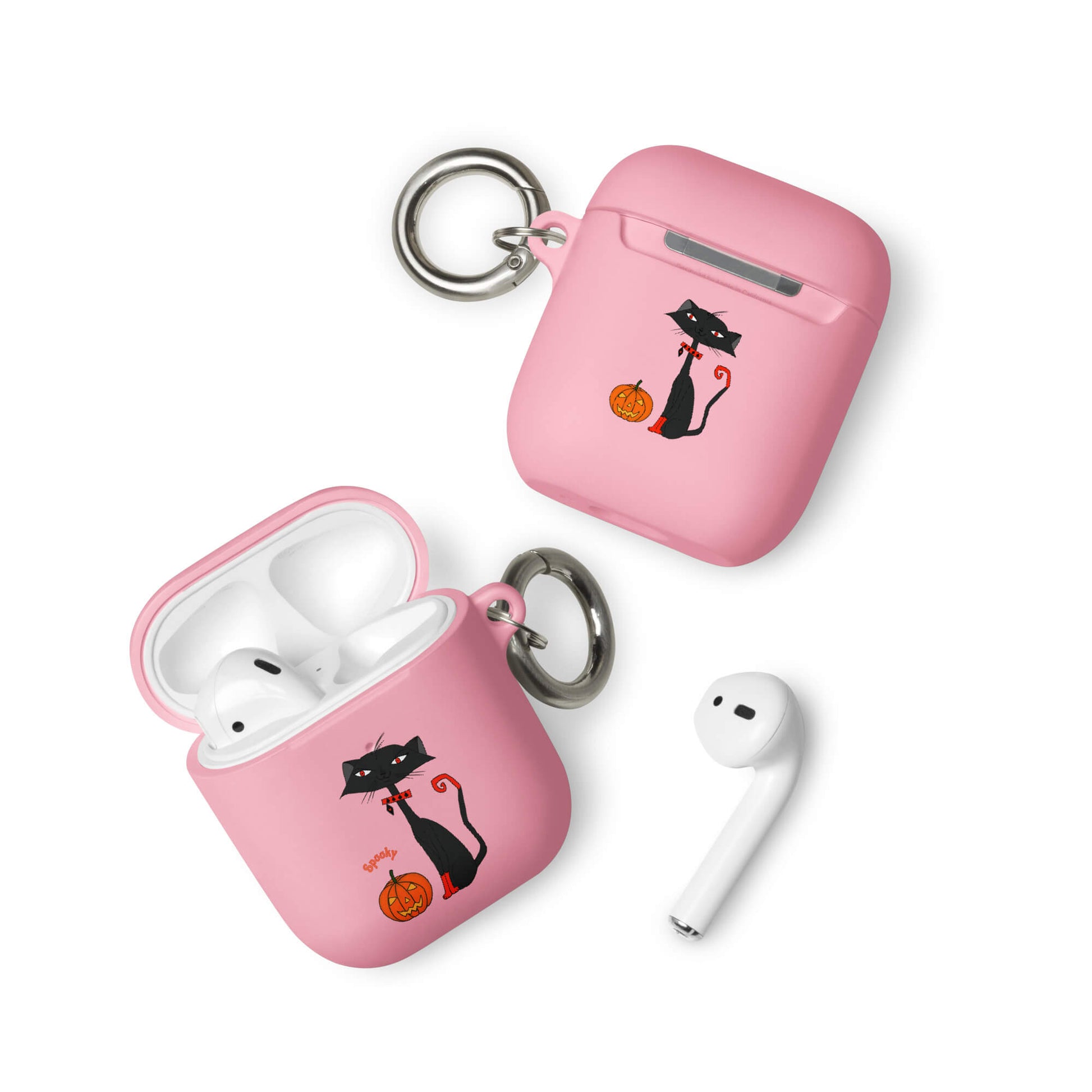 Pink AirPod case with black cat design on a white background