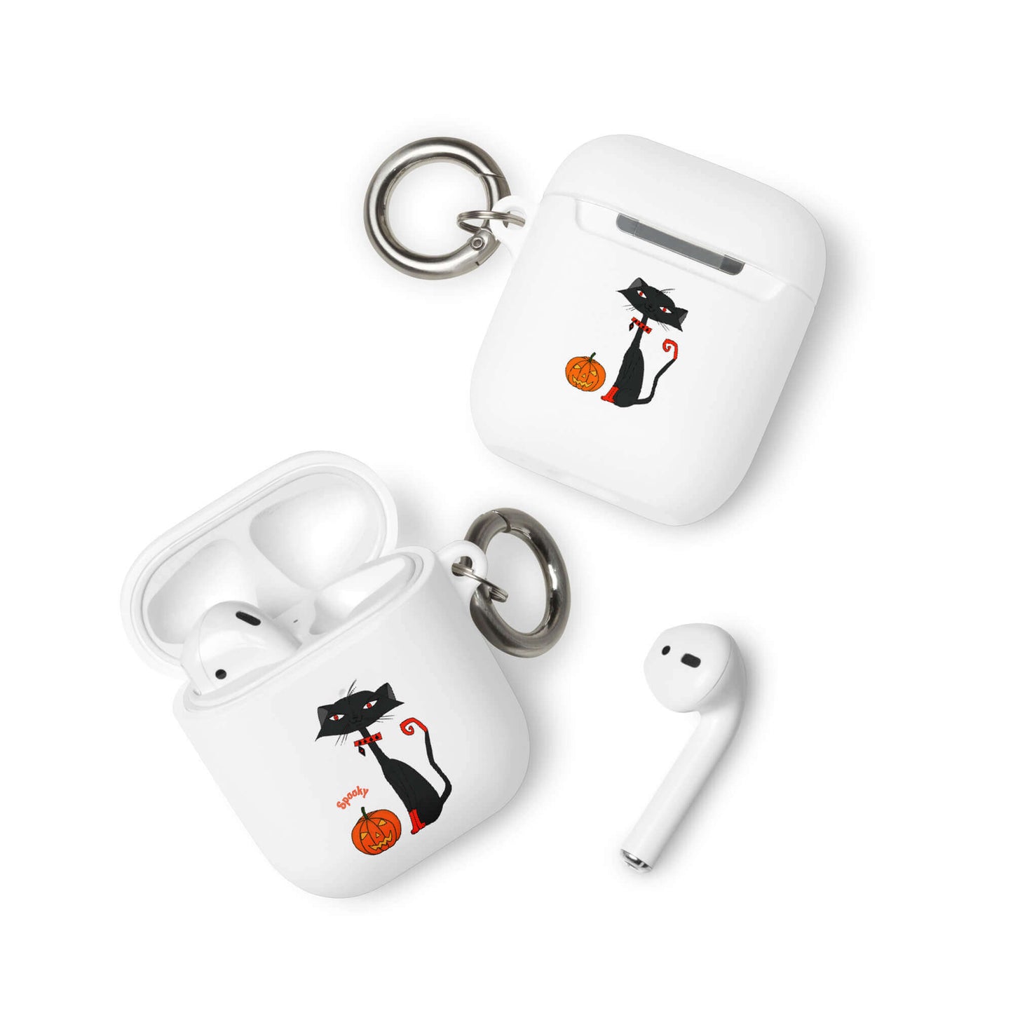 White wireless earbuds case with Halloween-themed design featuring black cats and pumpkins on a white background.