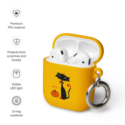 Yellow AirPods rubber case with black cat and pumpkin design for wireless earbuds, featuring visible LED light and O-ring carabiner.