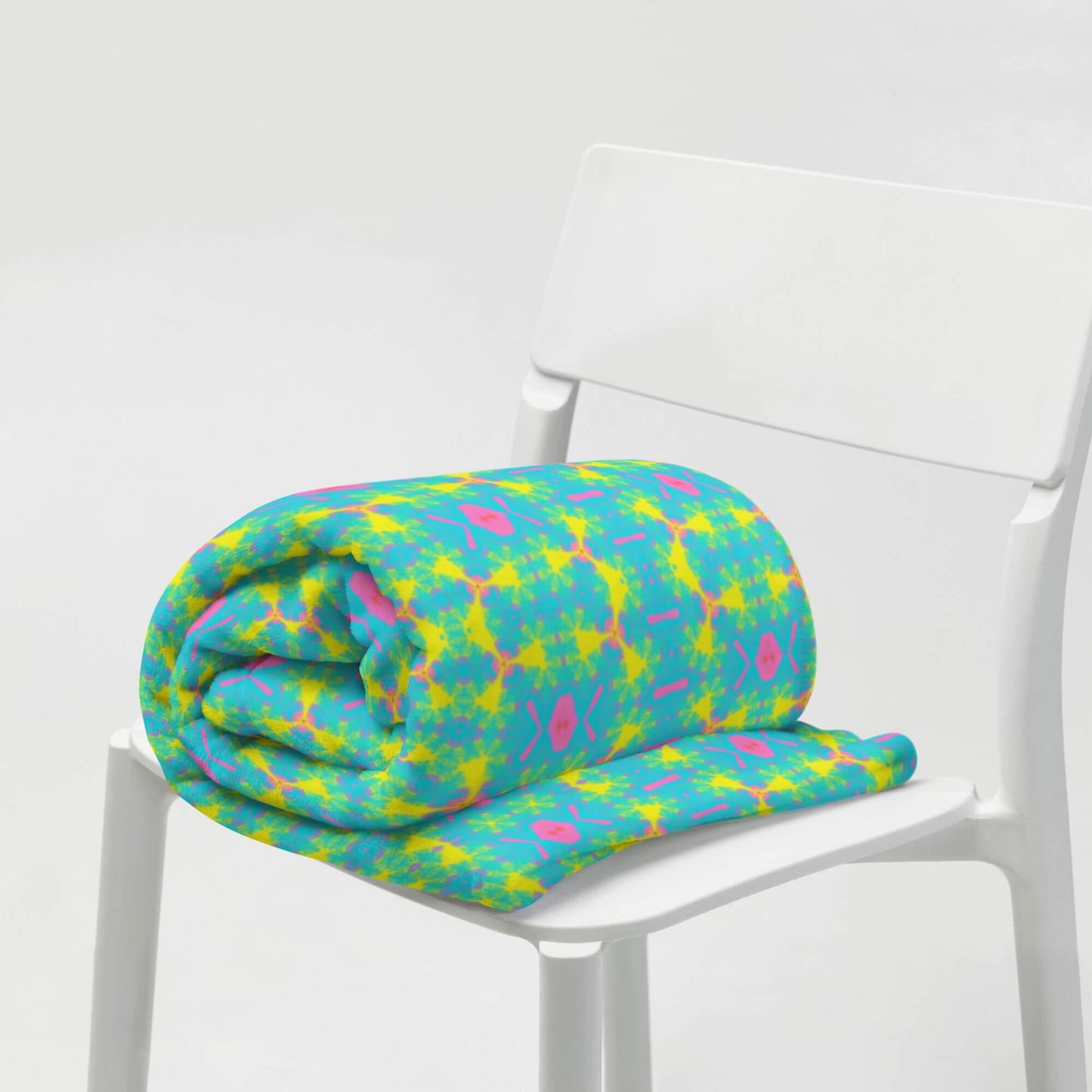 Aqua Blanket with Yellow & Pink Pattern for Couch, Bed