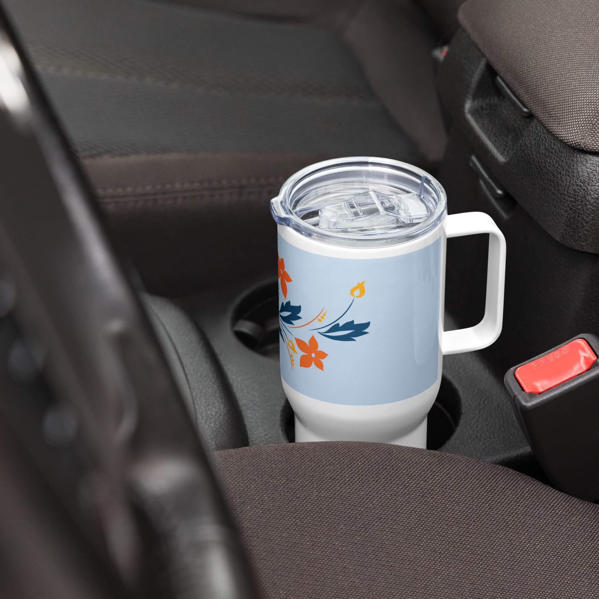 Floral car travel mug with handle for storing cool and hot drink