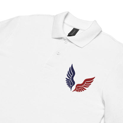 white polo shirt with wing embroidery