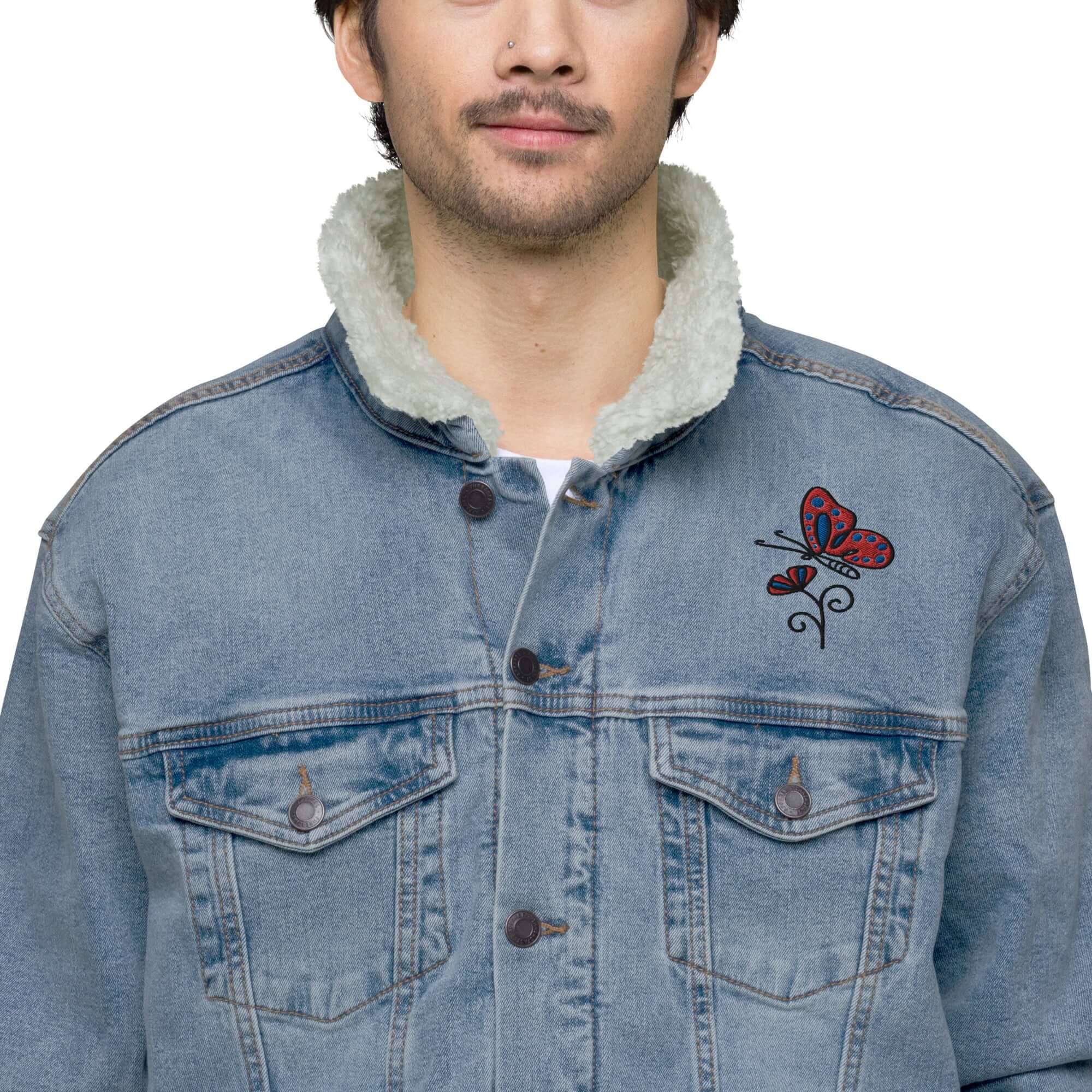 butterfly embroidery mens sherpa denim jacket