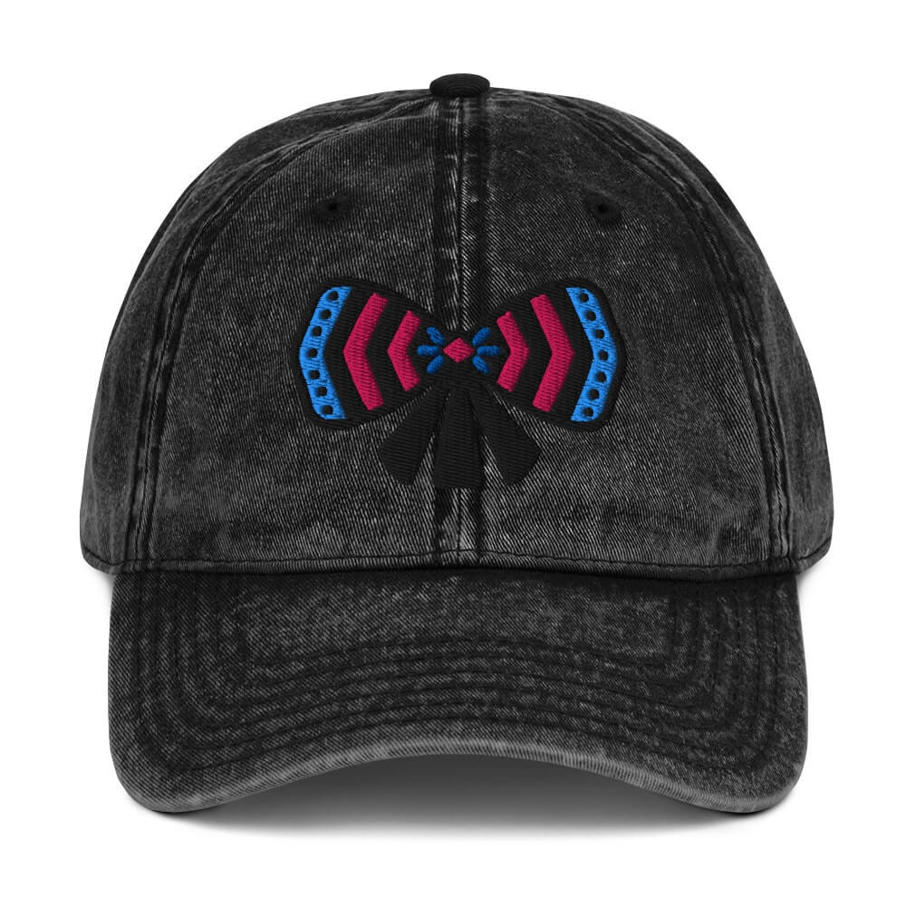Vintage black cotton twill cap with a colorful bow design